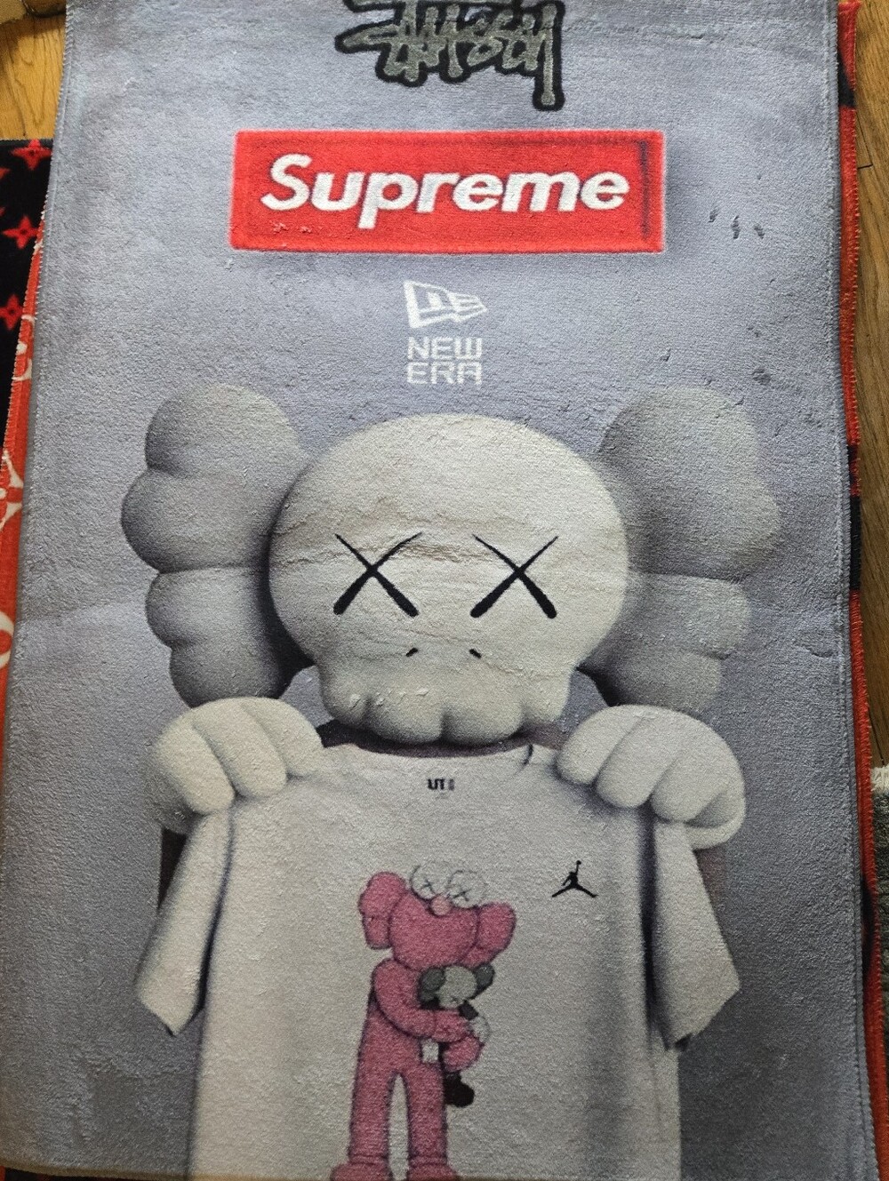 Supreme Grey Rug with Red Box Logo and Pink Character 22x32